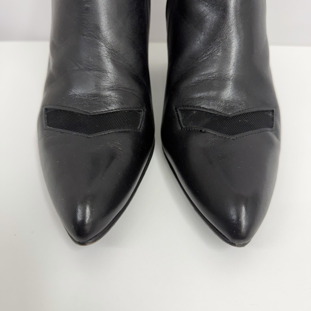 John Fluevog Leather High Ankle Boots Booties Black Sculpted Heels Dust Bag Sz 8 - Picture 6 of 10